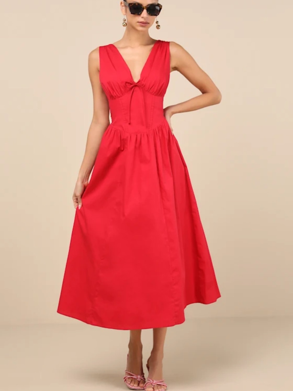 Lulu's Red V-Neck Midi Dress with Gathered Waist